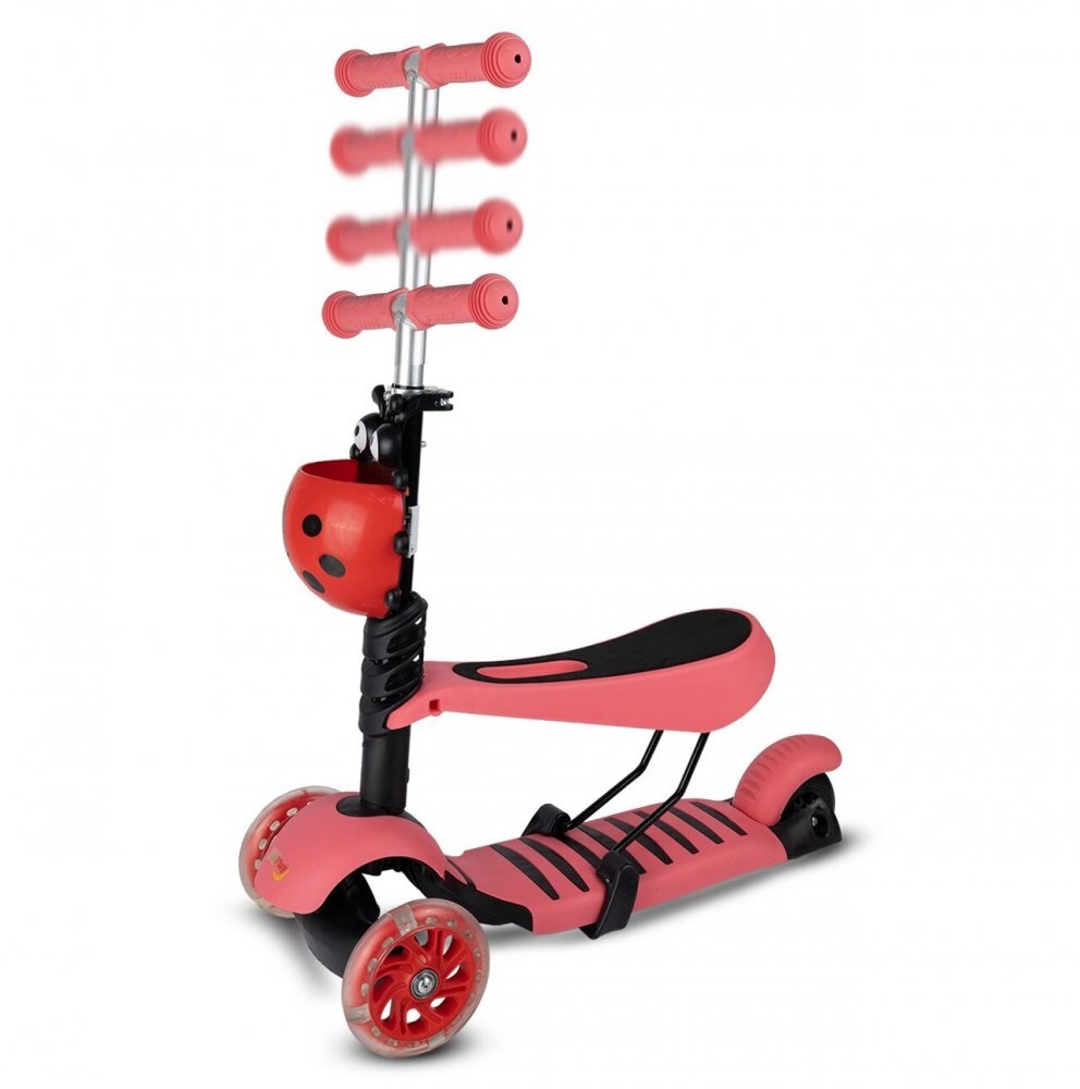 MalPlay Trotineta 3 in 1 pentru copii cu roti luminoase led ghidon si scaunel ajustabile frana pe roata din spate si cosulet in forma de buburuza pink ladybug