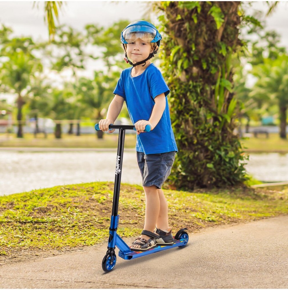 MalPlay Trotineta de cascadorii ideala pentru Freestyle si mers in parc cu maner T-Bar intarit rulmenti ABEC-9 si roti de 10.5 cm material constructie aluminiu si otel capacitate de pana la 100 kg Blue