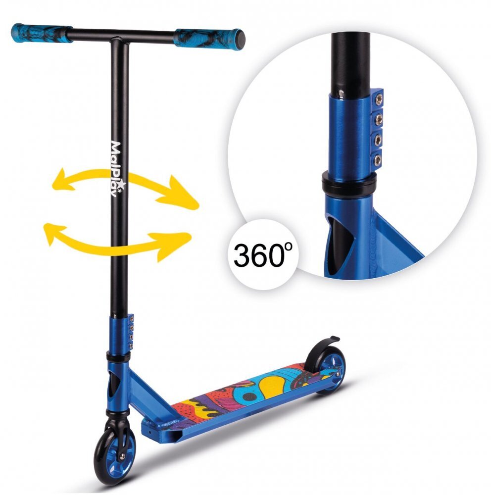 MalPlay Trotineta de cascadorii ideala pentru Freestyle si mers in parc cu maner T-Bar intarit rulmenti ABEC-9 si roti de 10.5 cm material constructie aluminiu si otel capacitate de pana la 100 kg Blue