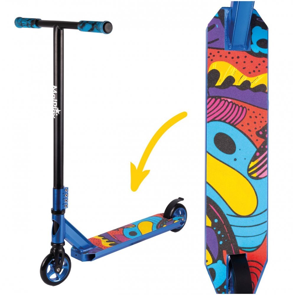 MalPlay Trotineta de cascadorii ideala pentru Freestyle si mers in parc cu maner T-Bar intarit rulmenti ABEC-9 si roti de 10.5 cm material constructie aluminiu si otel capacitate de pana la 100 kg Blue