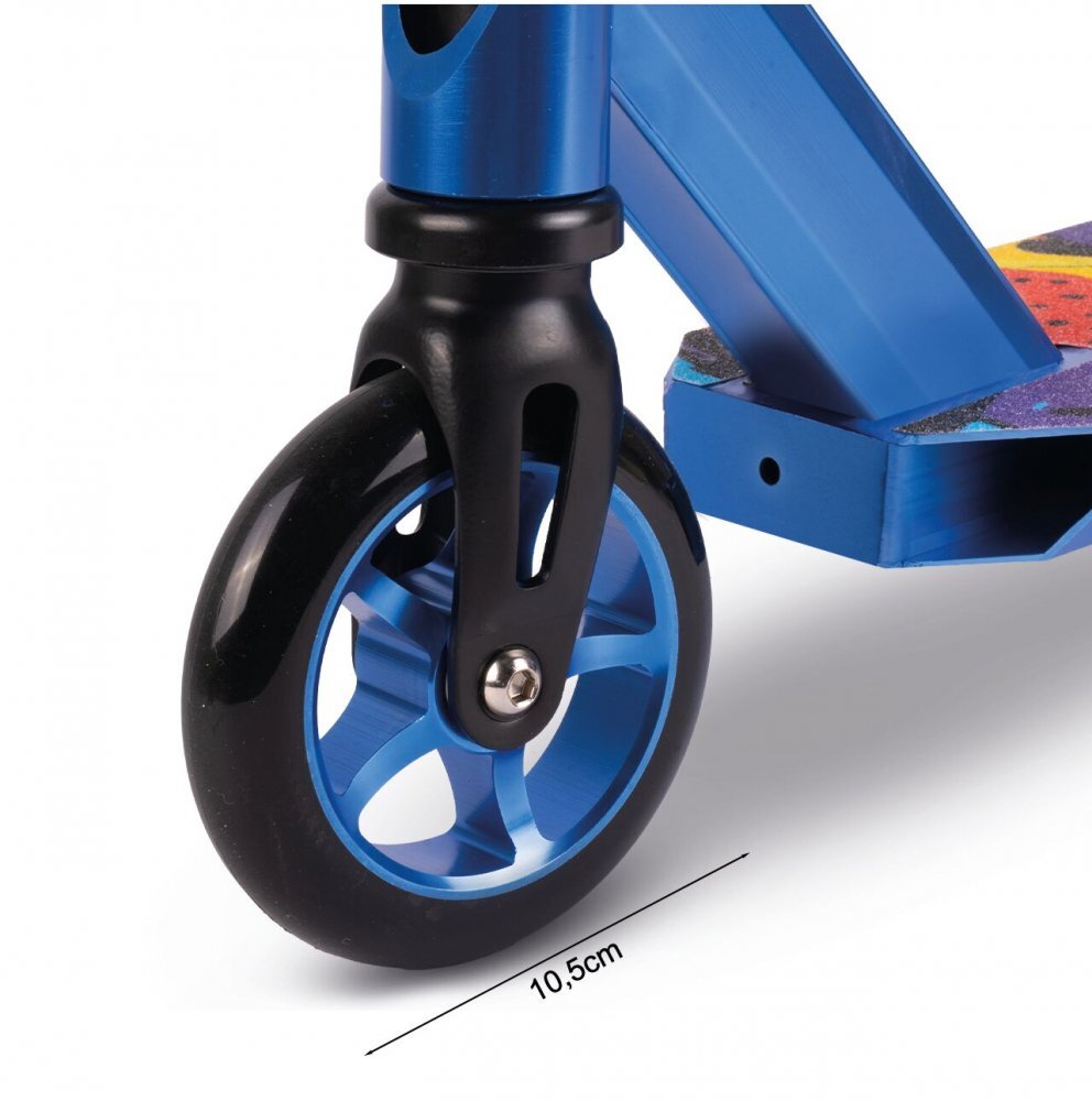 MalPlay Trotineta de cascadorii ideala pentru Freestyle si mers in parc cu maner T-Bar intarit rulmenti ABEC-9 si roti de 10.5 cm material constructie aluminiu si otel capacitate de pana la 100 kg Blue