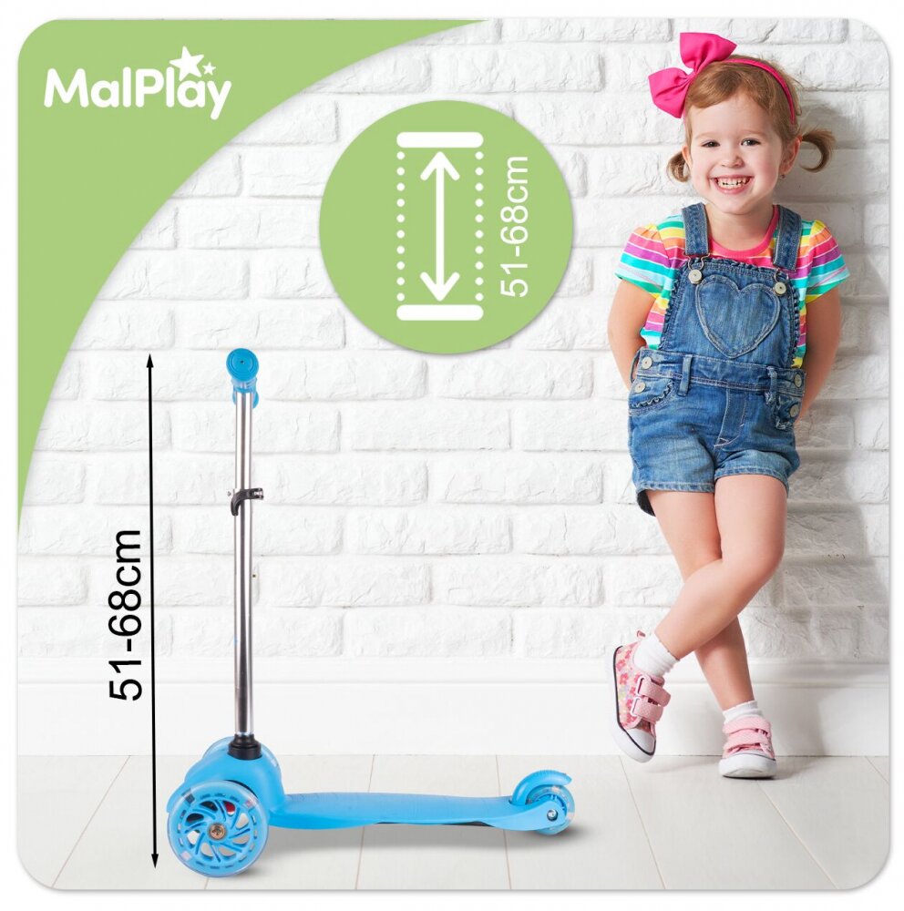 MalPlay Trotineta pentru copii Blue 3 roti cu LED din PU reglabila cu platforma antiderapanta si frana de picior