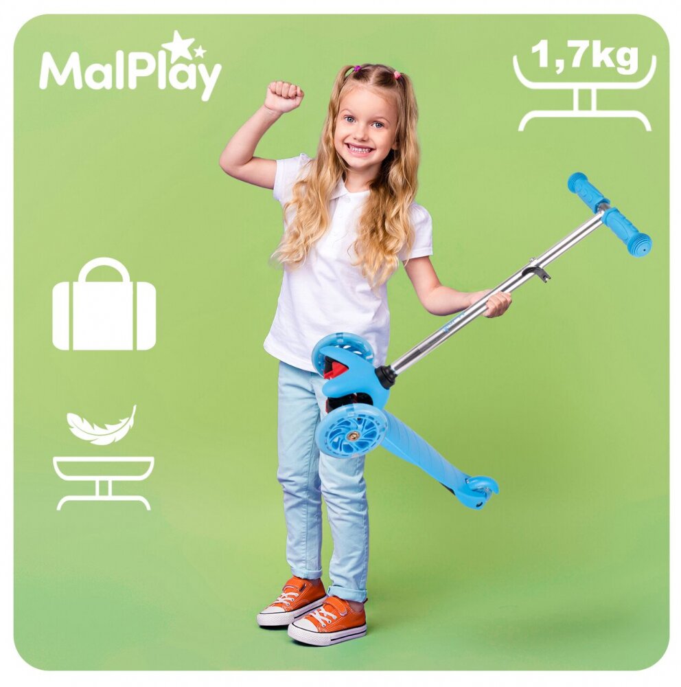 MalPlay Trotineta pentru copii Blue 3 roti cu LED din PU reglabila cu platforma antiderapanta si frana de picior