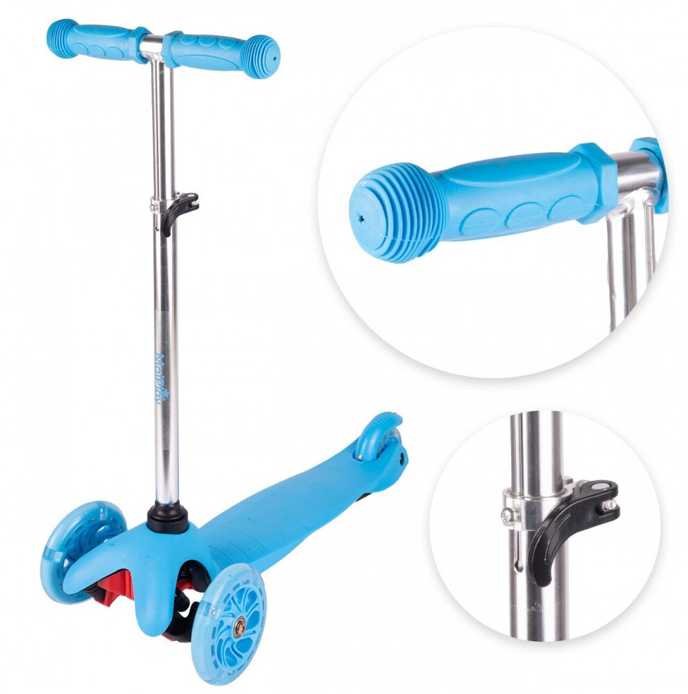 MalPlay Trotineta pentru copii Blue 3 roti cu LED din PU reglabila cu platforma antiderapanta si frana de picior