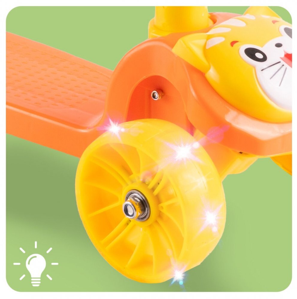 MalPlay Trotineta pentru copii model 2 in 1 cu trei roti dotata cu scaunel detasabil ghidon ajustabil in 4 trepte platforma antiderapanta roti luminoase cu led frana pe roata din spate si functie de pliere orange kitty