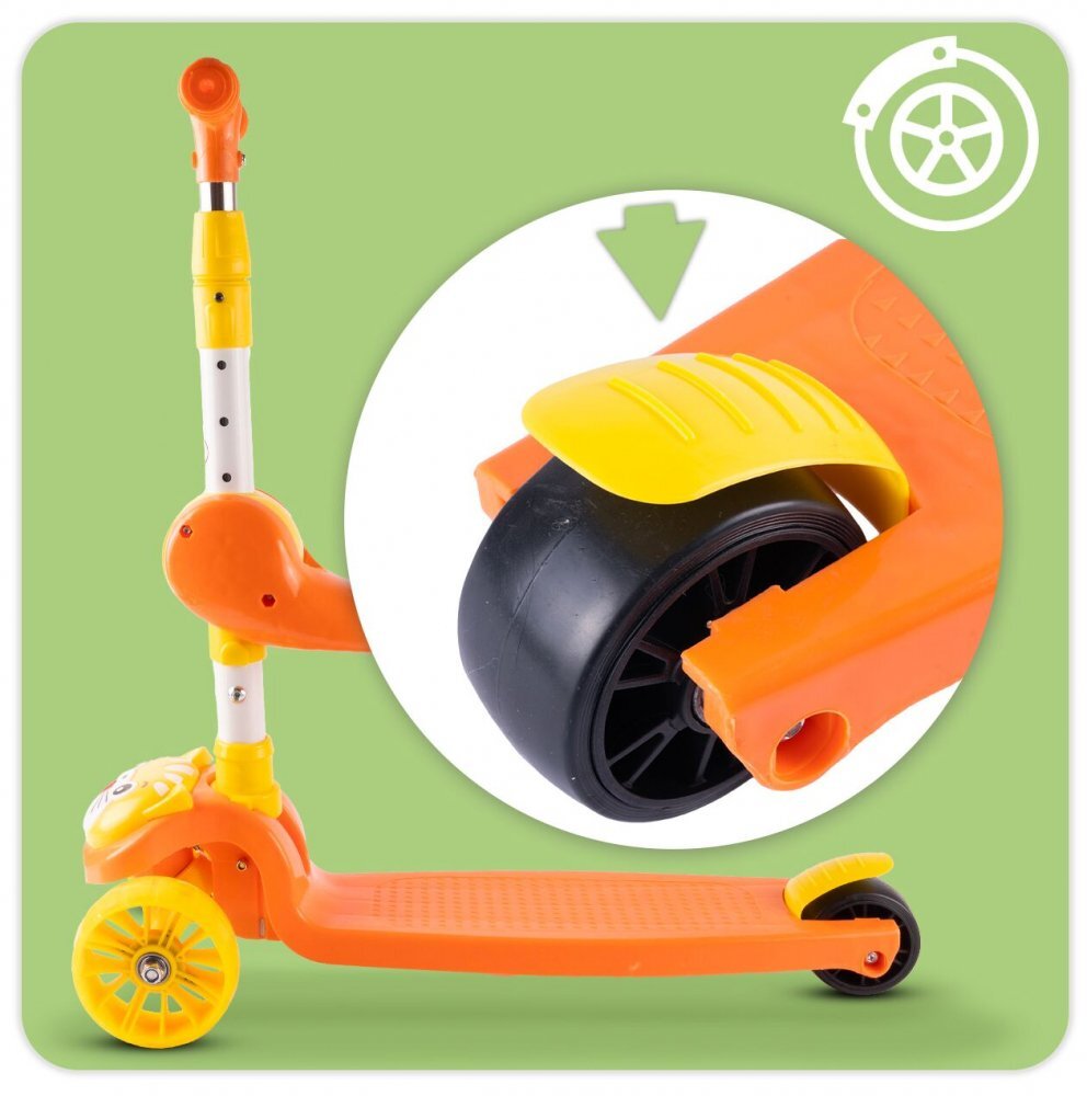 MalPlay Trotineta pentru copii model 2 in 1 cu trei roti dotata cu scaunel detasabil ghidon ajustabil in 4 trepte platforma antiderapanta roti luminoase cu led frana pe roata din spate si functie de pliere orange kitty