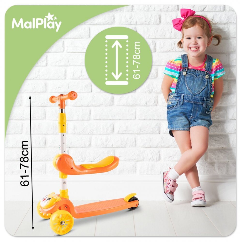 MalPlay Trotineta pentru copii model 2 in 1 cu trei roti dotata cu scaunel detasabil ghidon ajustabil in 4 trepte platforma antiderapanta roti luminoase cu led frana pe roata din spate si functie de pliere orange kitty