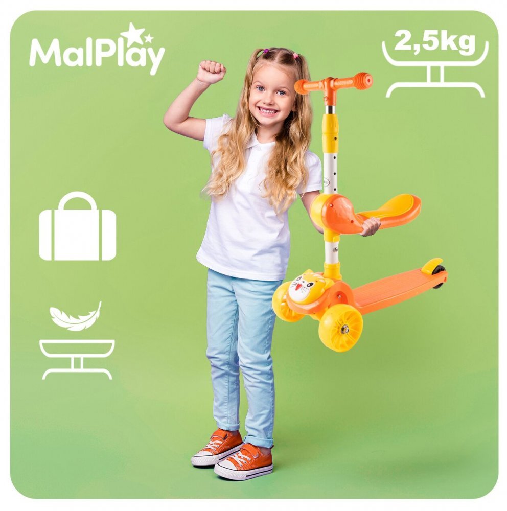 MalPlay Trotineta pentru copii model 2 in 1 cu trei roti dotata cu scaunel detasabil ghidon ajustabil in 4 trepte platforma antiderapanta roti luminoase cu led frana pe roata din spate si functie de pliere orange kitty