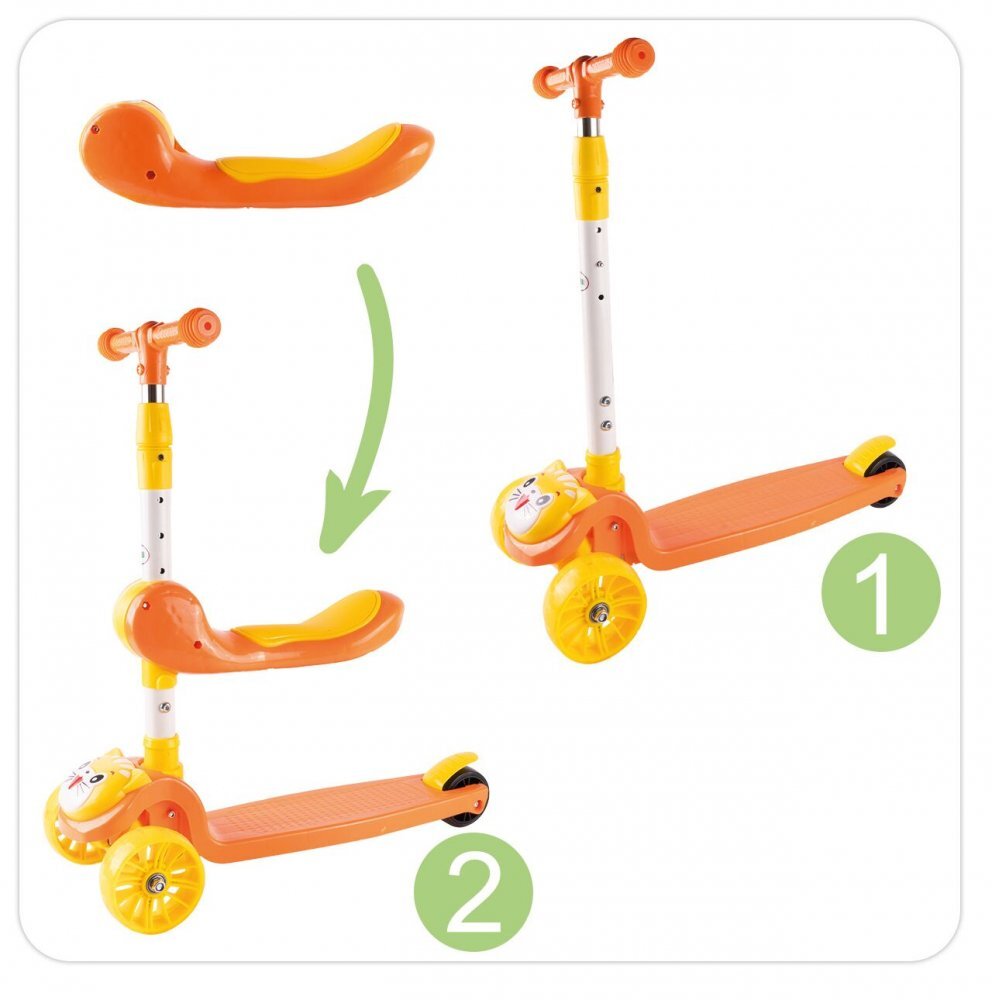 MalPlay Trotineta pentru copii model 2 in 1 cu trei roti dotata cu scaunel detasabil ghidon ajustabil in 4 trepte platforma antiderapanta roti luminoase cu led frana pe roata din spate si functie de pliere orange kitty