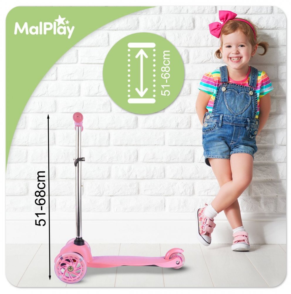 MalPlay Trotineta pentru copii Pink cu ghidon reglabil pe inaltime roti luminoase LED platforma lata si antiderapanta