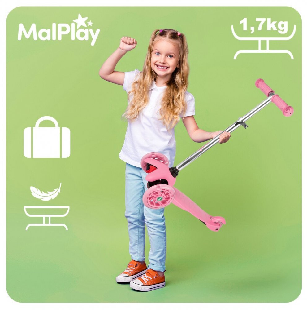 MalPlay Trotineta pentru copii Pink cu ghidon reglabil pe inaltime roti luminoase LED platforma lata si antiderapanta