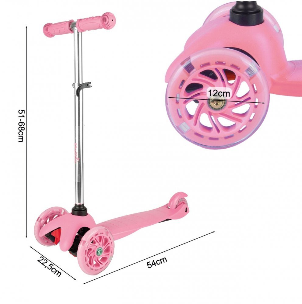 MalPlay Trotineta pentru copii Pink cu ghidon reglabil pe inaltime roti luminoase LED platforma lata si antiderapanta