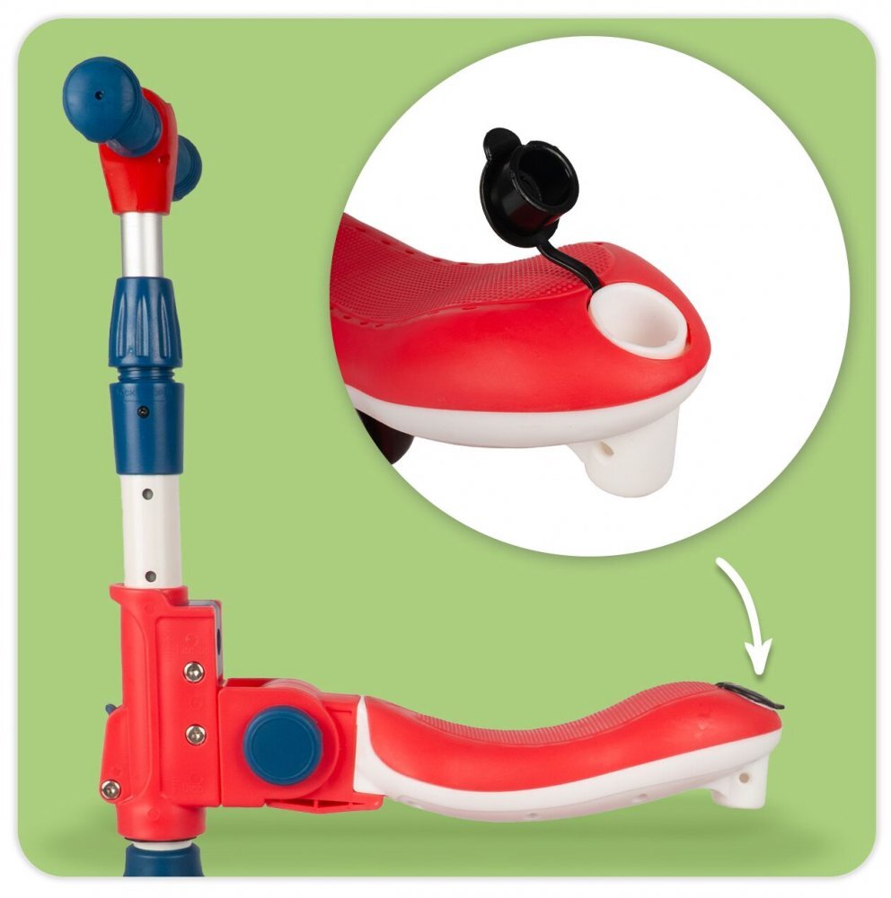 MalPlay Trotineta pentru copii pliabila 2 in 1 scaunel detasabil roti din PU cu lumini Led punte antiderapanta si frana de picior ghidon reglabil pe inaltime manere ergonomice 56 x 28 x 66 cm Red