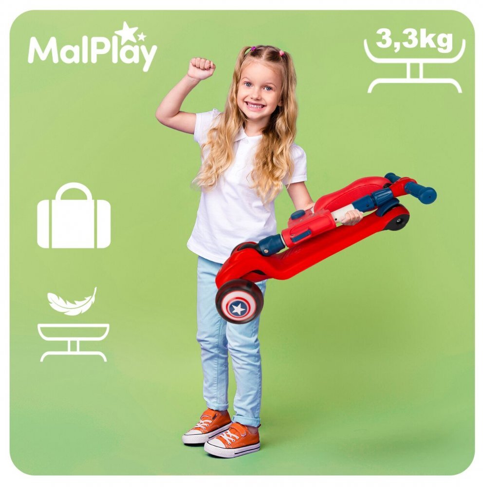 MalPlay Trotineta pentru copii pliabila 2 in 1 scaunel detasabil roti din PU cu lumini Led punte antiderapanta si frana de picior ghidon reglabil pe inaltime manere ergonomice 56 x 28 x 66 cm Red