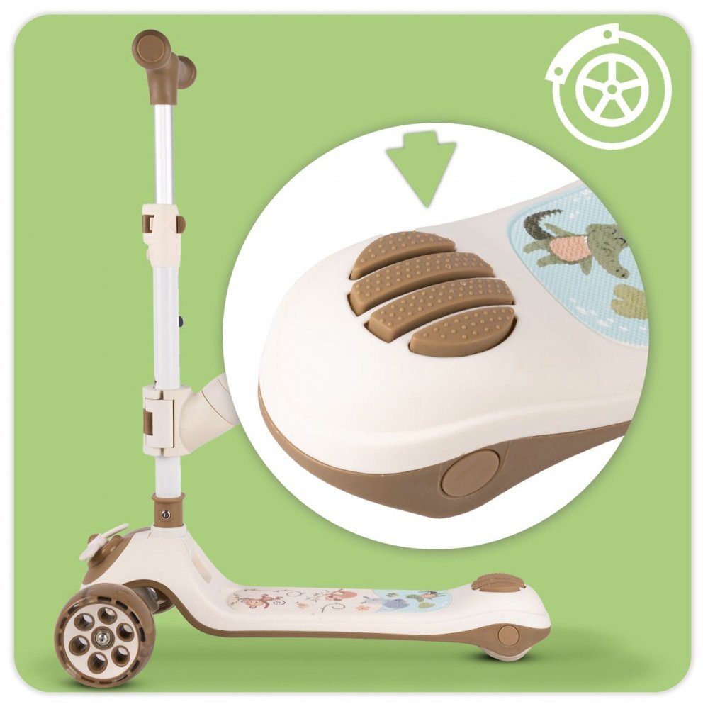 MalPlay Trotineta pentru copii pliabila 3 in 1 scaunel detasabil roti din PU cu lumini Led punte antiderapanta si frana de picior ghidon reglabil pe inaltime manere ergonomice elice rotativa 59 x 30.5 x 66 cm Bej