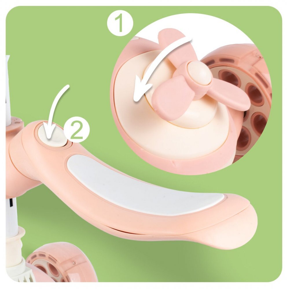 MalPlay Trotineta pentru copii pliabila 3 in 1 scaunel detasabil roti din PU cu lumini Led punte antiderapanta si frana de picior ghidon reglabil pe inaltime manere ergonomice elice rotativa 59 x 30.5 x 66 cm Pink