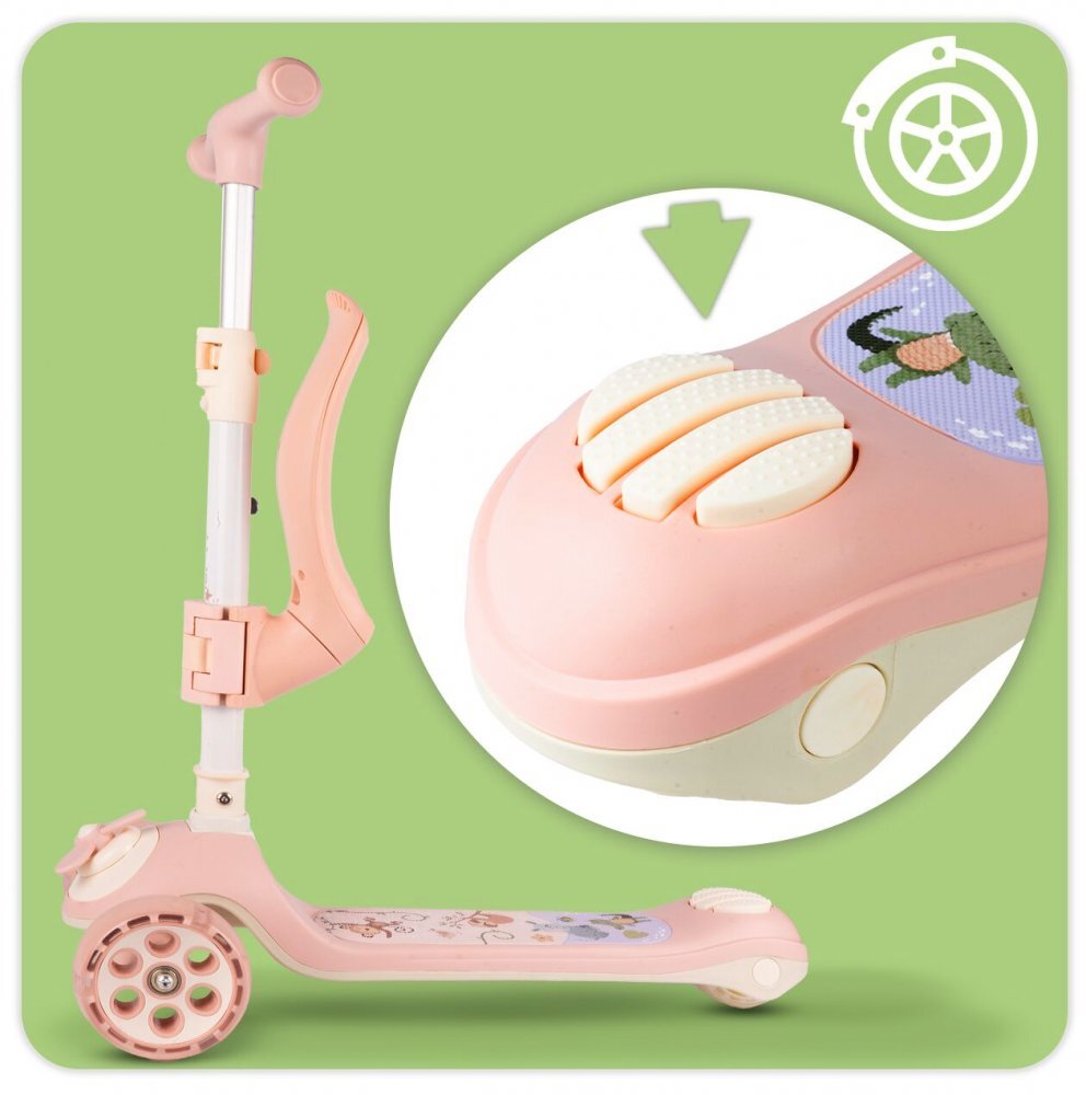MalPlay Trotineta pentru copii pliabila 3 in 1 scaunel detasabil roti din PU cu lumini Led punte antiderapanta si frana de picior ghidon reglabil pe inaltime manere ergonomice elice rotativa 59 x 30.5 x 66 cm Pink