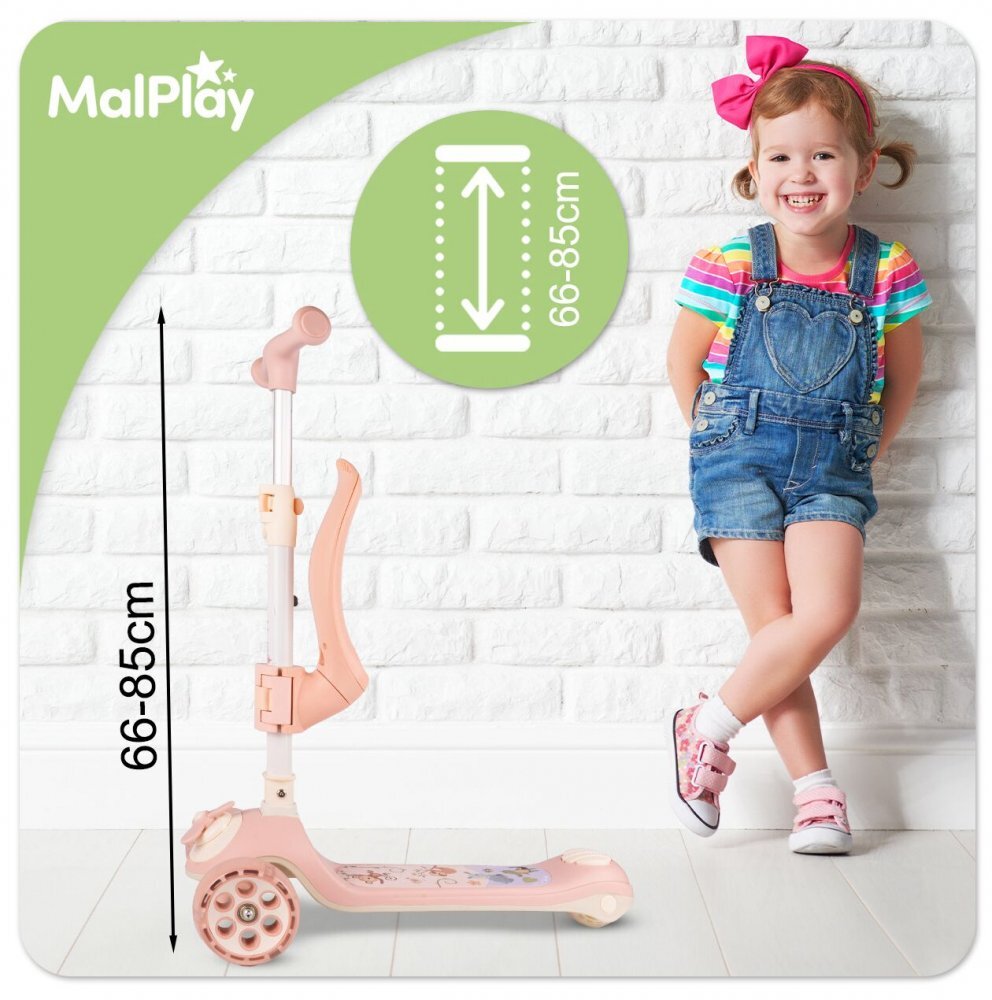 MalPlay Trotineta pentru copii pliabila 3 in 1 scaunel detasabil roti din PU cu lumini Led punte antiderapanta si frana de picior ghidon reglabil pe inaltime manere ergonomice elice rotativa 59 x 30.5 x 66 cm Pink