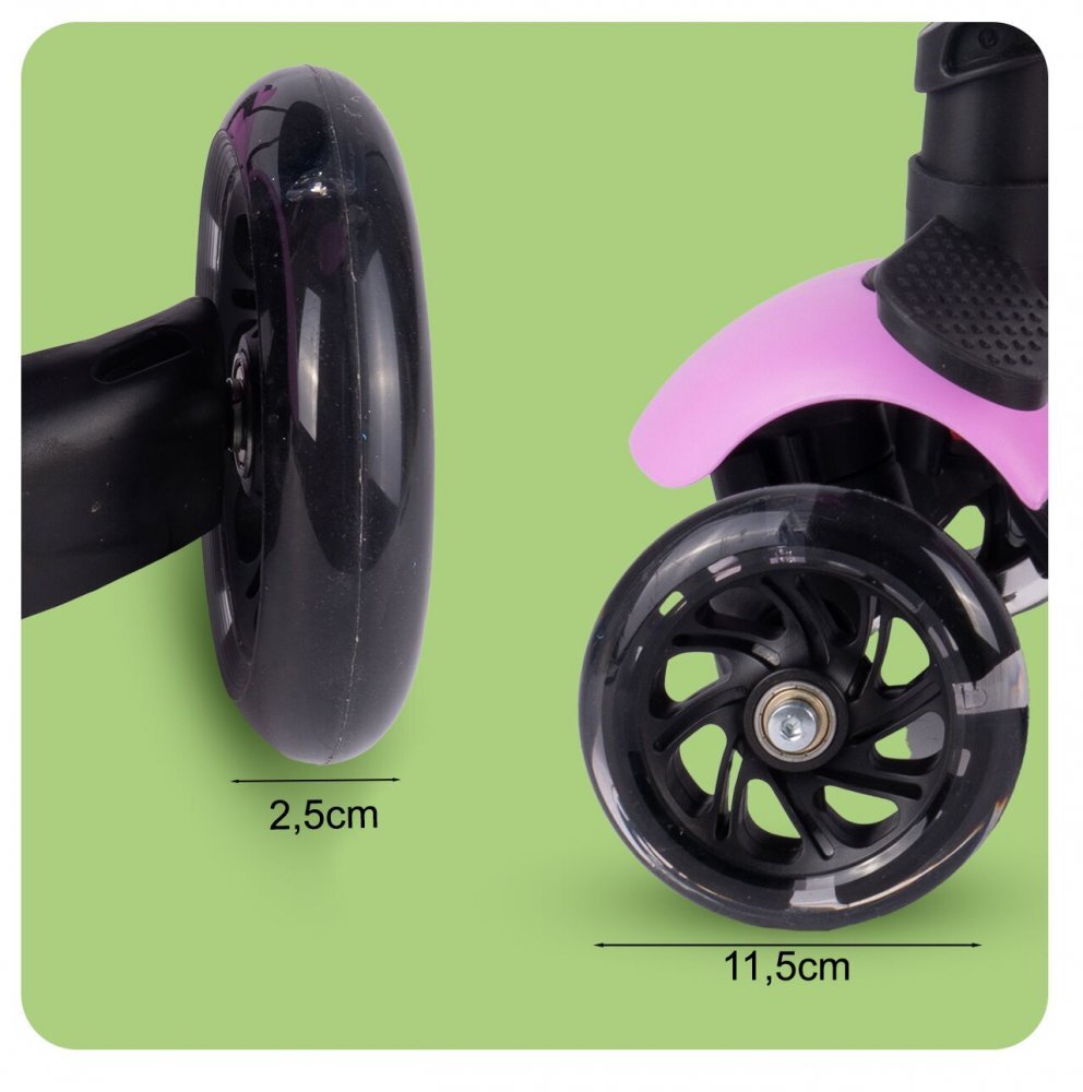 MalPlay Trotineta pentru copii pliabila scaunel detasabil roti PU cu Led punte antiderapanta si frana de picior cu scaunel si ghidon reglabil pe inaltime manere ergonomice cosulet incorporat Pink LadyBug