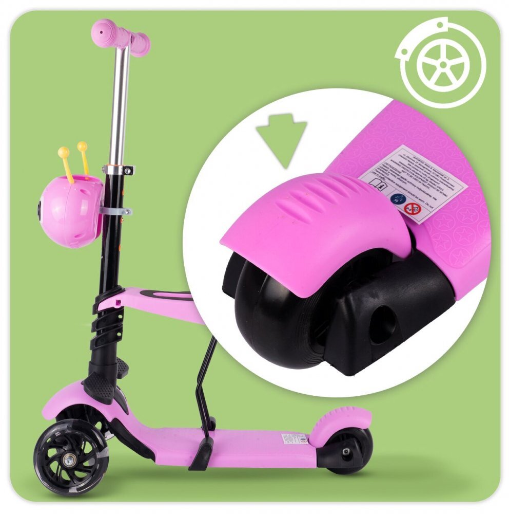 MalPlay Trotineta pentru copii pliabila scaunel detasabil roti PU cu Led punte antiderapanta si frana de picior cu scaunel si ghidon reglabil pe inaltime manere ergonomice cosulet incorporat Pink LadyBug