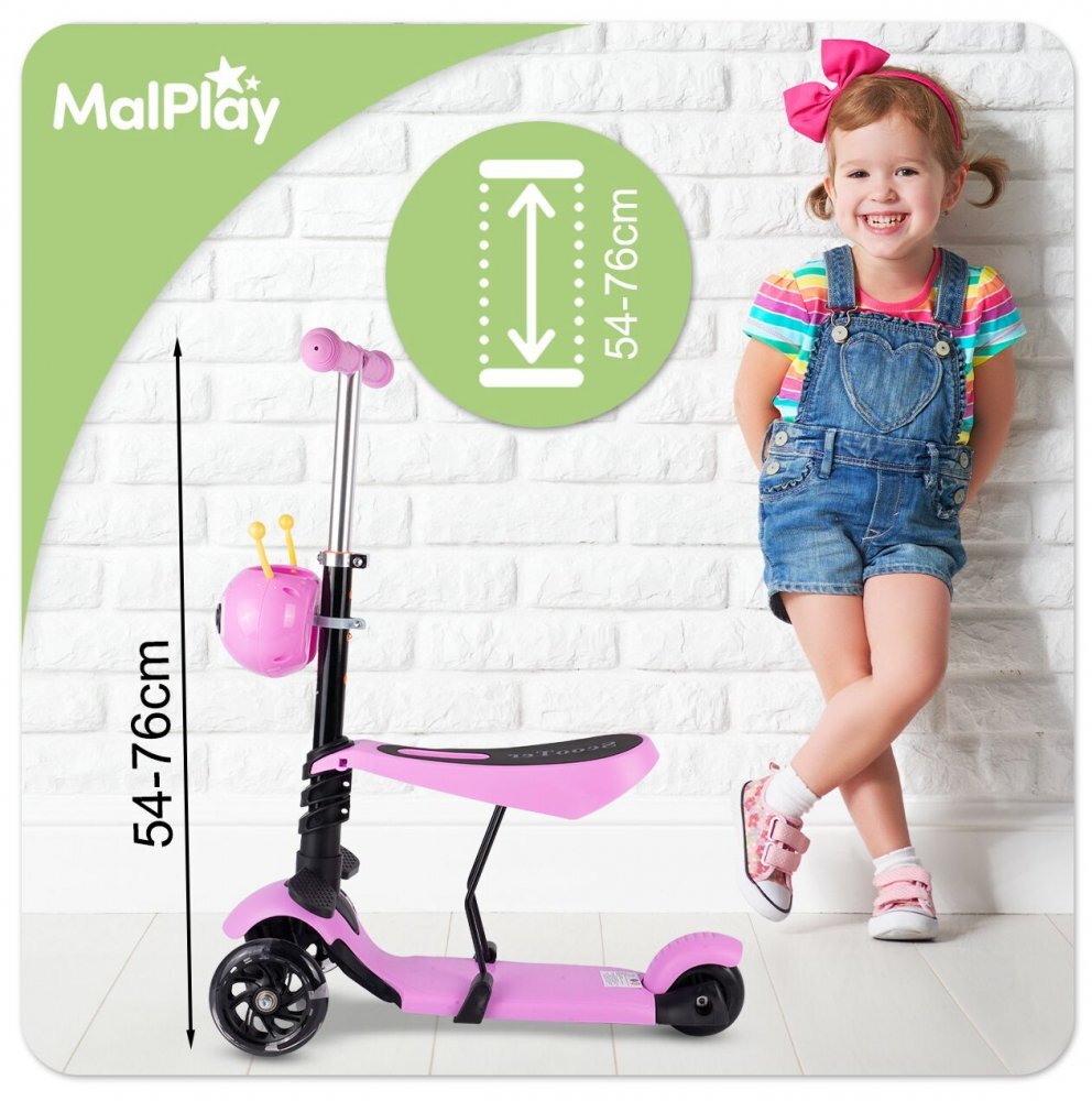 MalPlay Trotineta pentru copii pliabila scaunel detasabil roti PU cu Led punte antiderapanta si frana de picior cu scaunel si ghidon reglabil pe inaltime manere ergonomice cosulet incorporat Pink LadyBug
