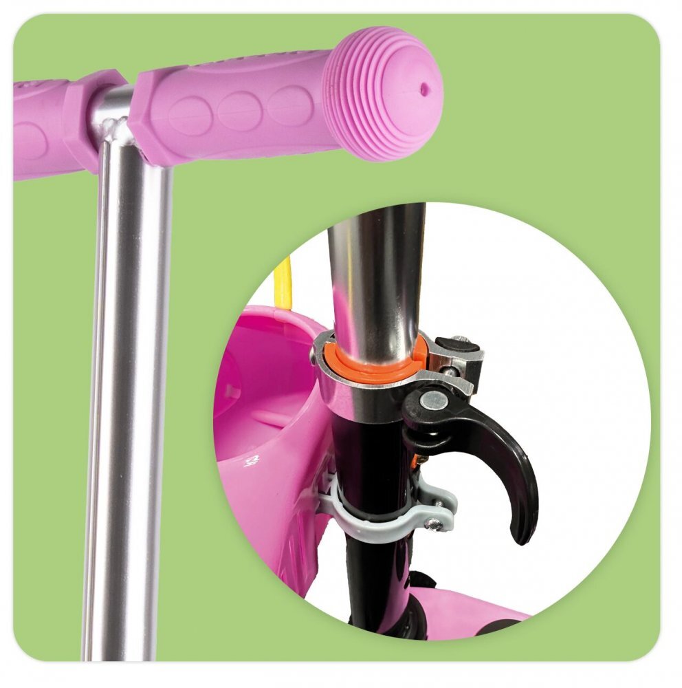 MalPlay Trotineta pentru copii pliabila scaunel detasabil roti PU cu Led punte antiderapanta si frana de picior cu scaunel si ghidon reglabil pe inaltime manere ergonomice cosulet incorporat Pink LadyBug