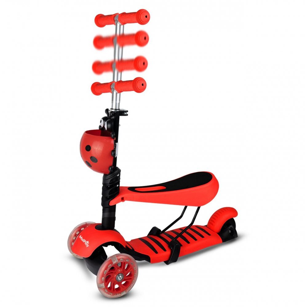 MalPlay Trotineta pentru copii pliabila scaunel detasabil roti PU cu Led punte antiderapanta si frana de picior cu scaunel si ghidon reglabil pe inaltime manere ergonomice cosulet incorporat Red LadyBug