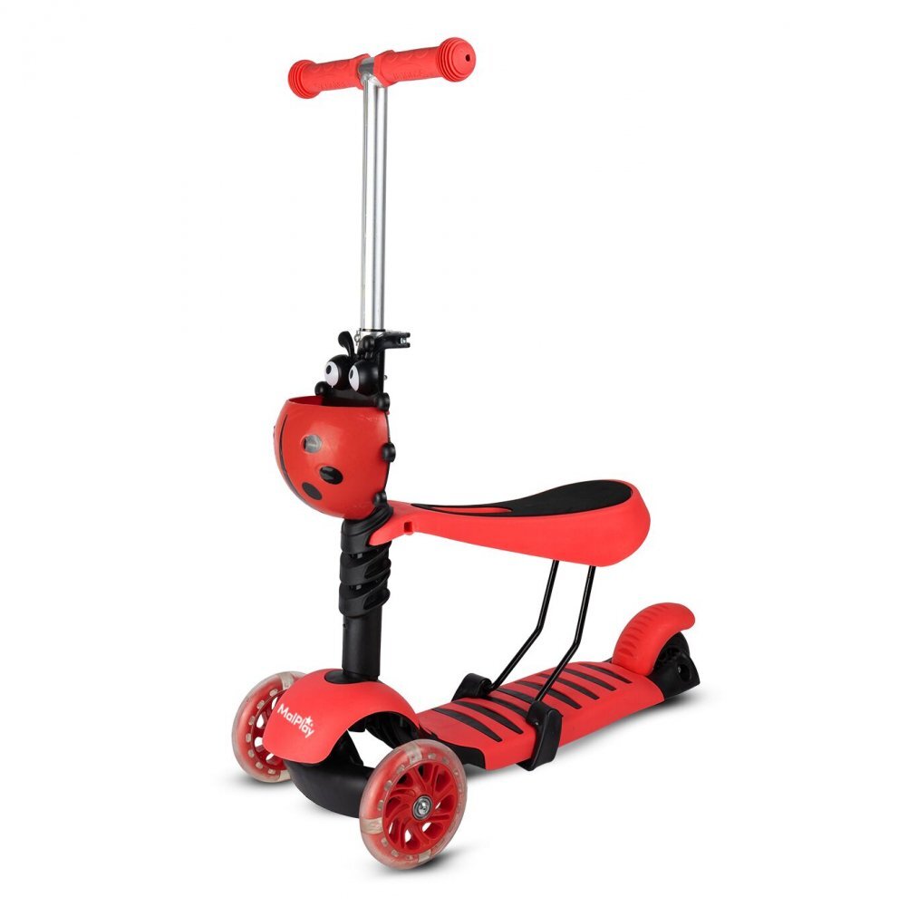 MalPlay Trotineta pentru copii pliabila scaunel detasabil roti PU cu Led punte antiderapanta si frana de picior cu scaunel si ghidon reglabil pe inaltime manere ergonomice cosulet incorporat Red LadyBug