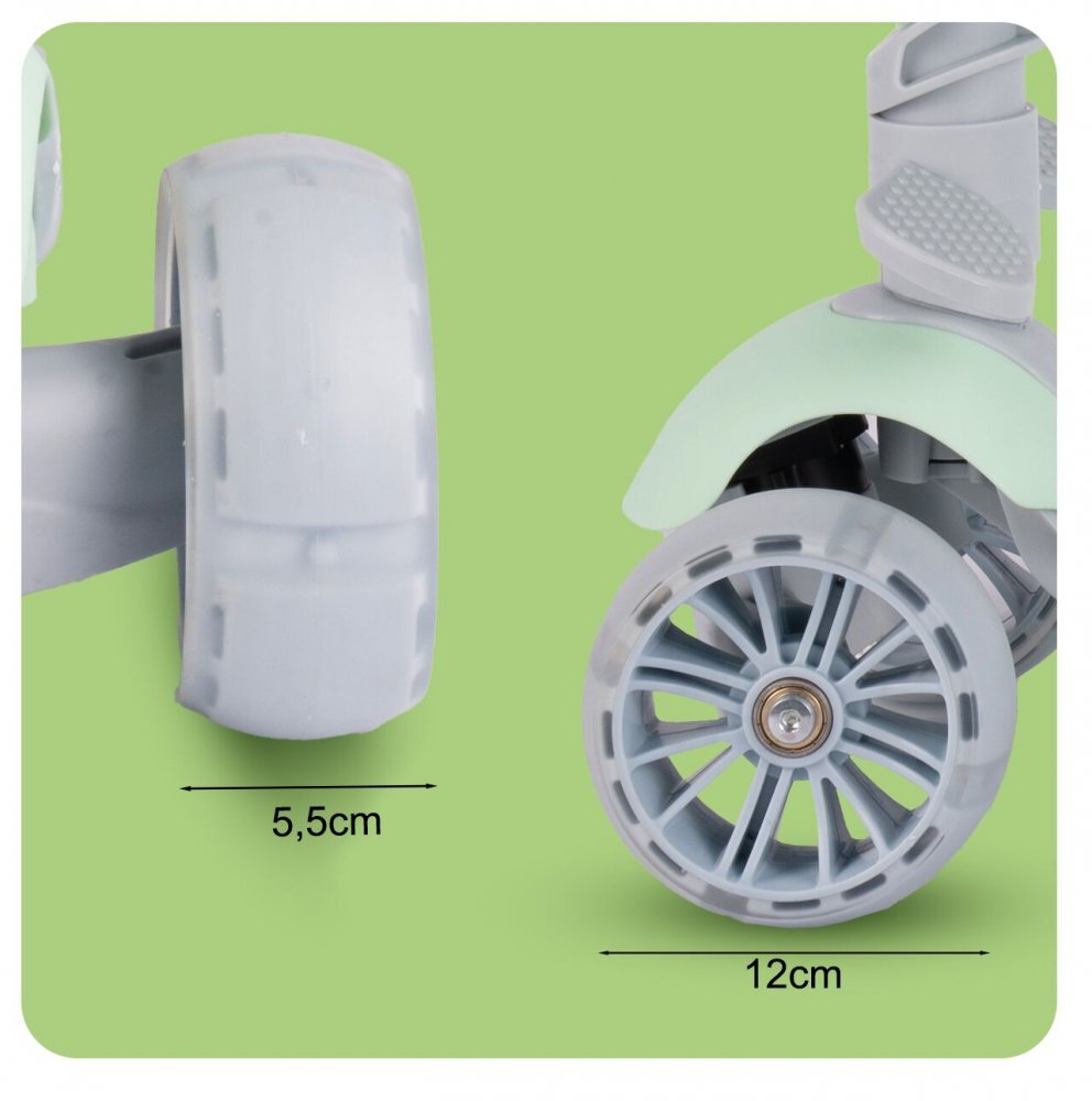 MalPlay Trotineta pentru copii pliabila scaunel detasabil roti PU cu Led punte antiderapanta si frana de picior cu scaunel si ghidon reglabil pe inaltime manere ergonomice Mint