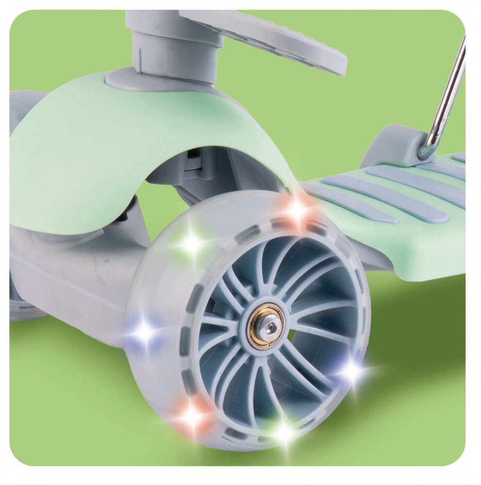 MalPlay Trotineta pentru copii pliabila scaunel detasabil roti PU cu Led punte antiderapanta si frana de picior cu scaunel si ghidon reglabil pe inaltime manere ergonomice Mint