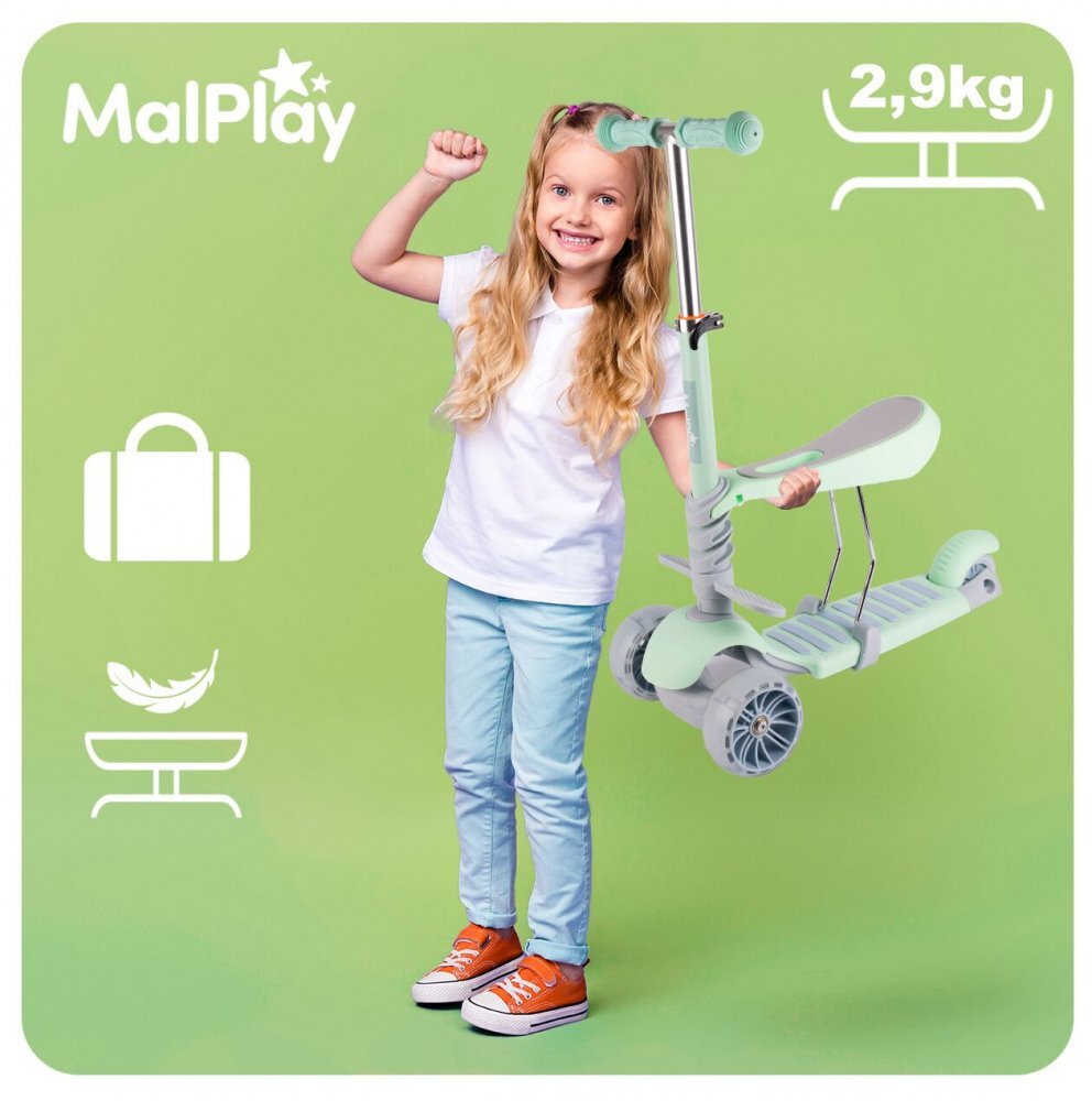 MalPlay Trotineta pentru copii pliabila scaunel detasabil roti PU cu Led punte antiderapanta si frana de picior cu scaunel si ghidon reglabil pe inaltime manere ergonomice Mint