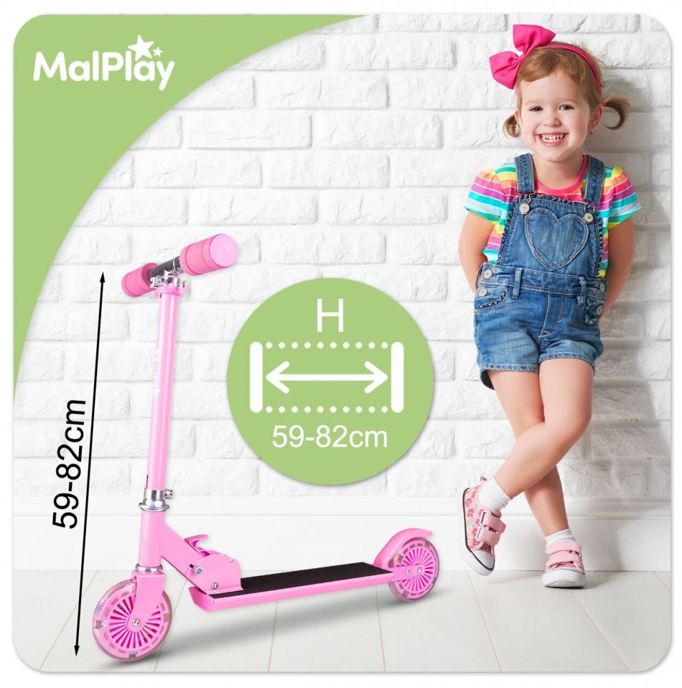 MalPlay Trotineta pliabila si reglabila pentru copii Pink cu lumini LED