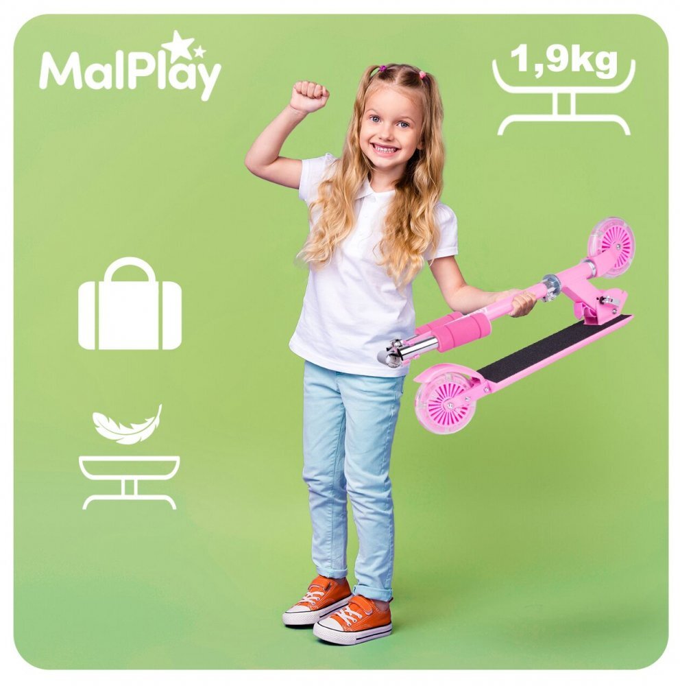 MalPlay Trotineta pliabila si reglabila pentru copii Pink cu lumini LED