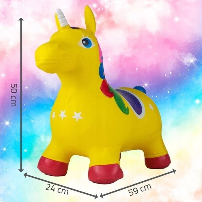 MalPlay Unicorn din cauciuc gonflabil pentru interiorexterior cu pompa inclusa material rezistent si durabil 59 x 50 x 24 cm Galben