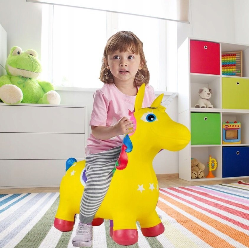 MalPlay Unicorn din cauciuc gonflabil pentru interiorexterior cu pompa inclusa material rezistent si durabil 59 x 50 x 24 cm Galben