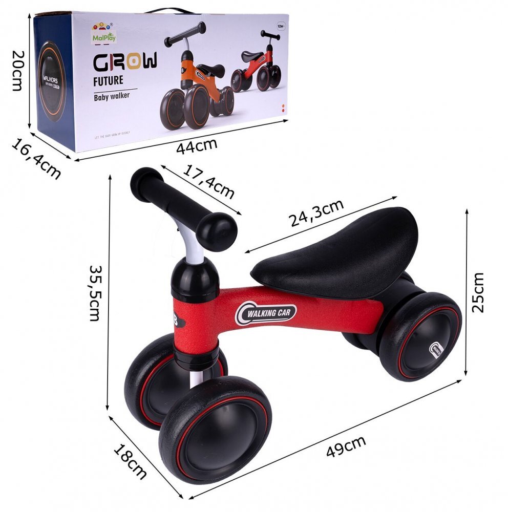 MalPlay Vehicul fara pedale pentru copii cu Saua moale si ergonomica Manere antiderapante greutate 1.75 kg dimensiune 35.5 x 18 x 49 Grow Future Baby Walker Red