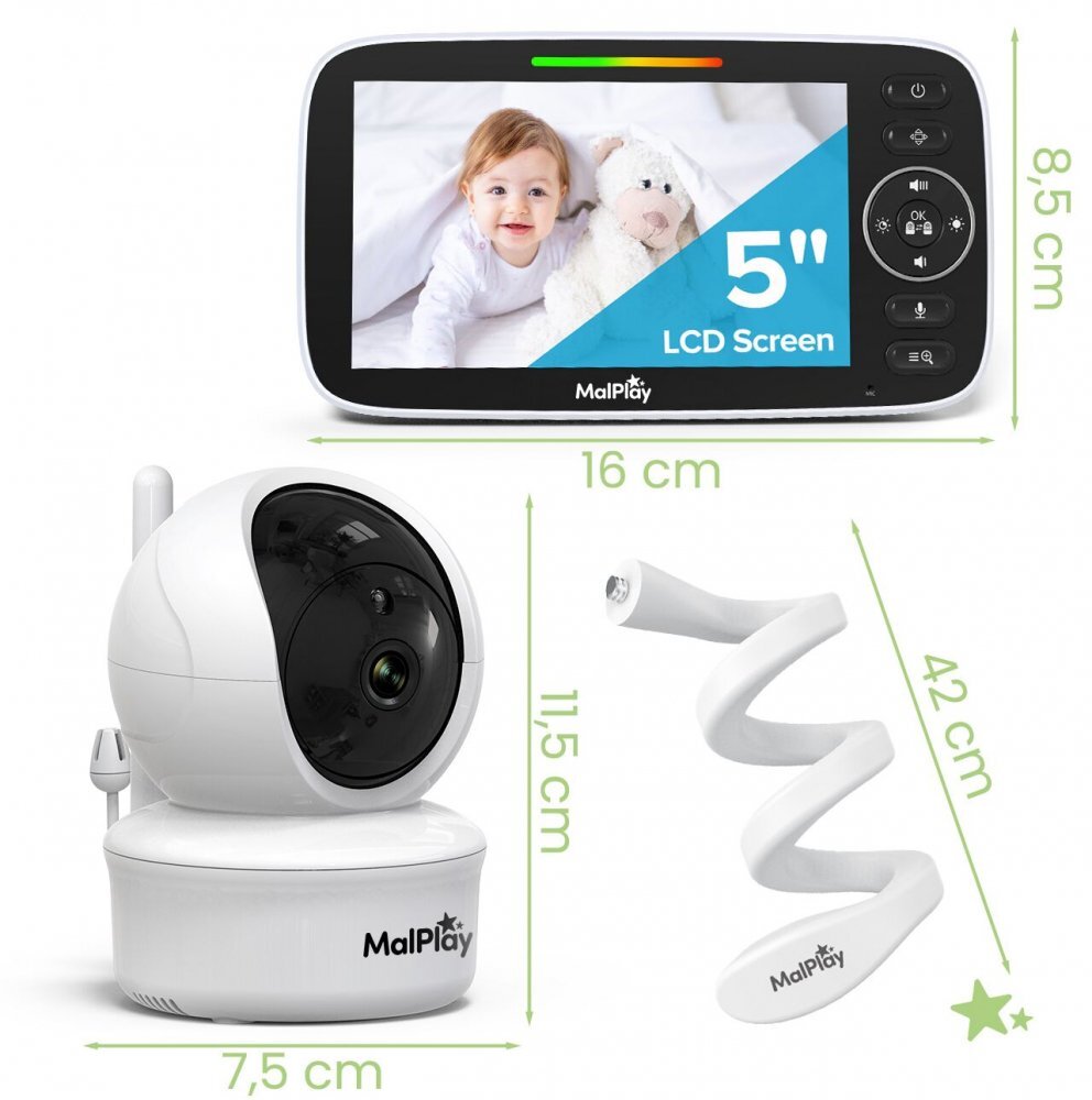 MalPlay Video monitor HD pentru supraveghere bebe NannyEye ecran LCD color camera rotativa zoom digital senzor de temperatura vedere nocturna cu melodii semnal pana la 300 m