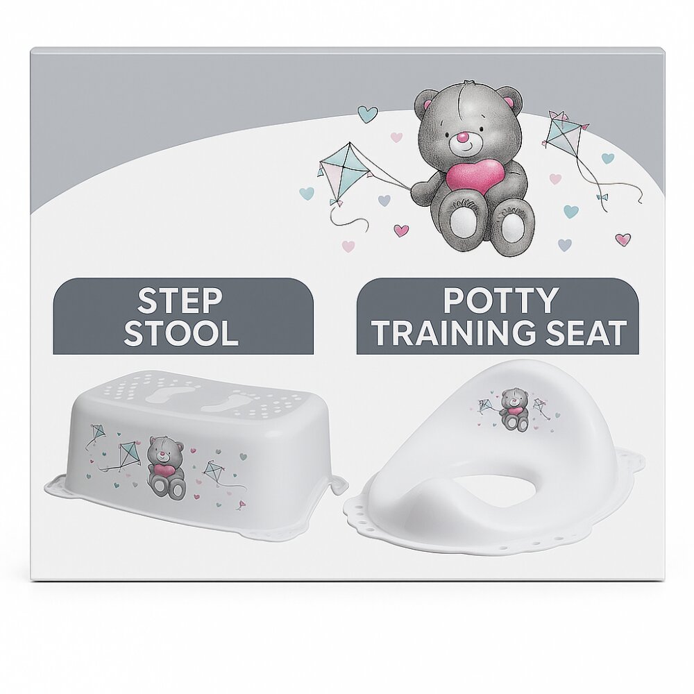 Maltex Baby Set reductor toaleta si inaltator baie antiderapant Bear Alb