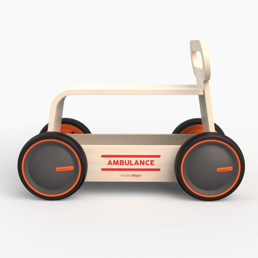 MamaToyz Ride-On copii din lemn 3 in 1 Ambulanta DriveMe Wood masinuta ride-on premergator si carucior de jucarii recomandat copiilor de la 10 luni roti silentioase cu viteza reglabila in functie de varsta copilului