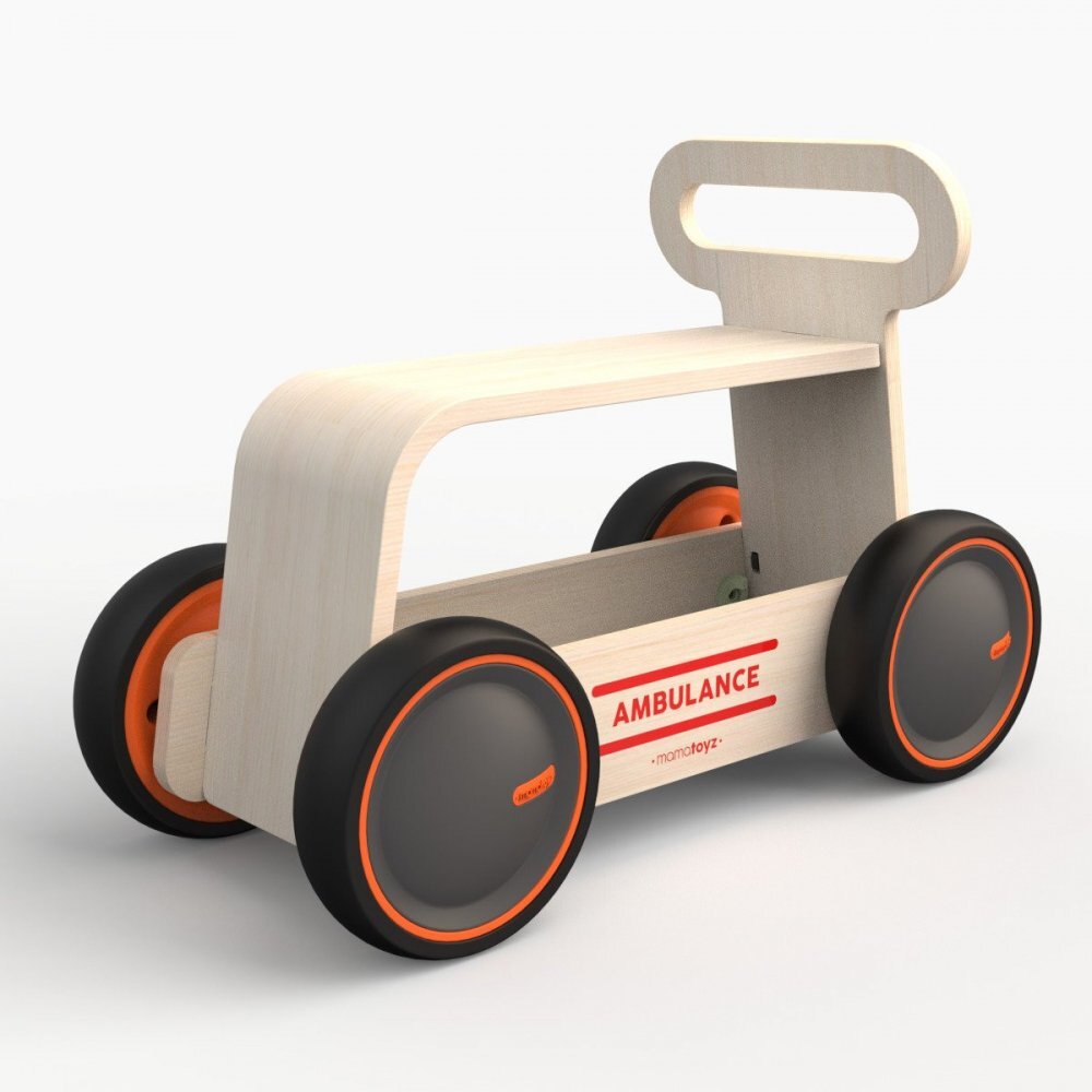 MamaToyz Ride-On copii din lemn 3 in 1 Ambulanta DriveMe Wood masinuta ride-on premergator si carucior de jucarii recomandat copiilor de la 10 luni roti silentioase cu viteza reglabila in functie de varsta copilului