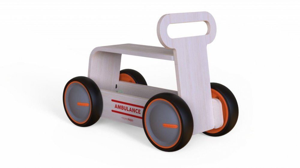 MamaToyz Ride-On copii din lemn 3 in 1 Ambulanta DriveMe Wood masinuta ride-on premergator si carucior de jucarii recomandat copiilor de la 10 luni roti silentioase cu viteza reglabila in functie de varsta copilului