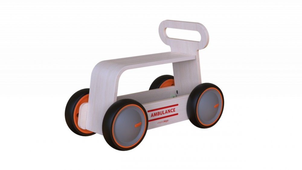 MamaToyz Ride-On copii din lemn 3 in 1 Ambulanta DriveMe Wood masinuta ride-on premergator si carucior de jucarii recomandat copiilor de la 10 luni roti silentioase cu viteza reglabila in functie de varsta copilului