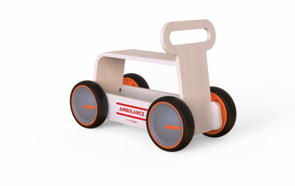 MamaToyz Ride-On copii din lemn 3 in 1 Ambulanta DriveMe Wood masinuta ride-on premergator si carucior de jucarii recomandat copiilor de la 10 luni roti silentioase cu viteza reglabila in functie de varsta copilului