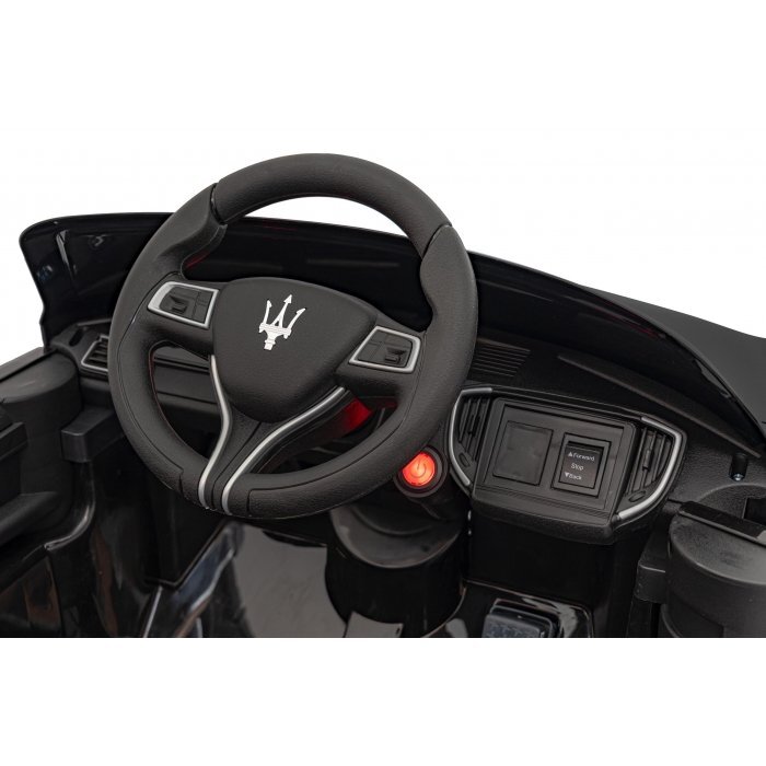 Maserati Masinuta electrica pentru copii Ghibli negru 60W cu telecomanda pornire lenta lumini suspensii panou audio scaun piele si roti din spuma Eva