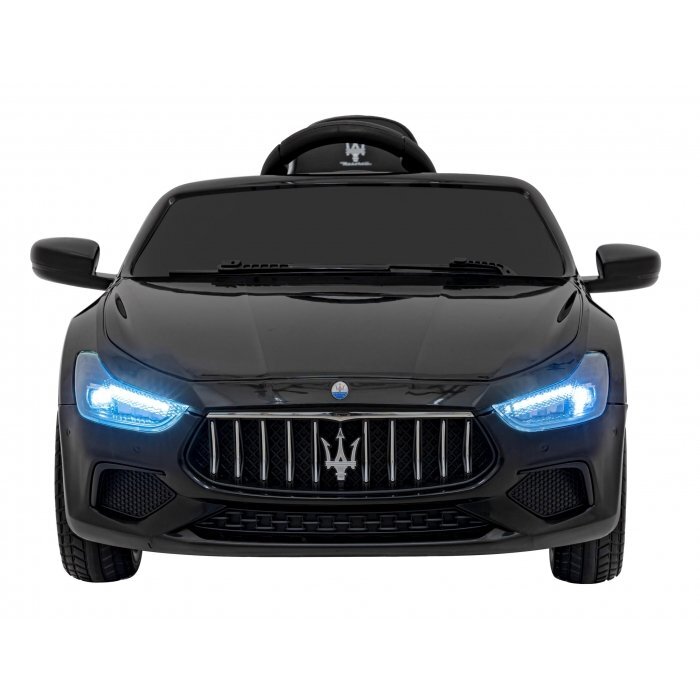 Maserati Masinuta electrica pentru copii Ghibli negru 60W cu telecomanda pornire lenta lumini suspensii panou audio scaun piele si roti din spuma Eva