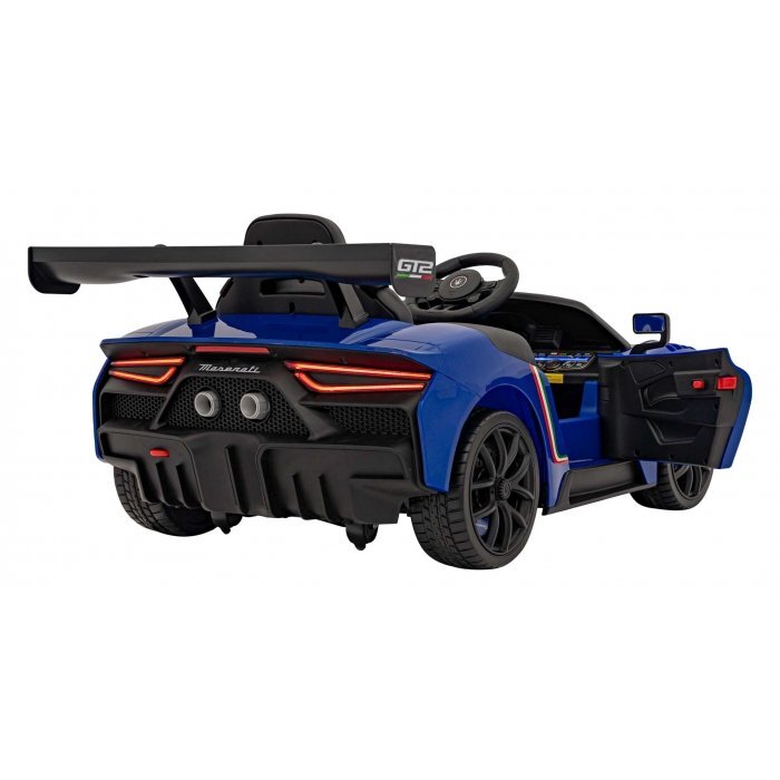 Maserati Masinuta electrica pentru copii MC20 GT2 albastru 110W cu telecomanda pornire lenta suspensii panou audio scaun piele si roti din spuma Eva