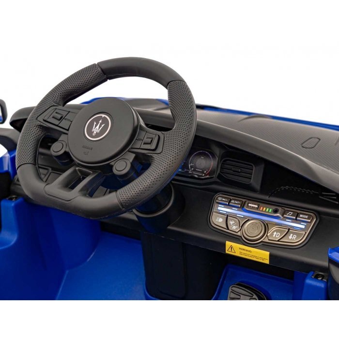 Maserati Masinuta electrica pentru copii MC20 GT2 albastru 110W cu telecomanda pornire lenta suspensii panou audio scaun piele si roti din spuma Eva