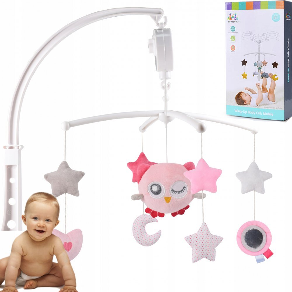 Matadi Carusel muzical mobil pentru patut din lemn Pink Owl