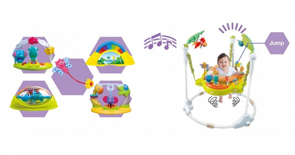 Matadi Jumper interactiv pentru copii Green cu lumini si sunete sezut rotativ 360 inaltime ajustabila dimensiune 95 x 72 x 72 cm