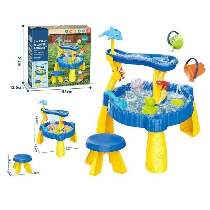 Matadi Masuta 2in1 de apa si nisip pentru copii Sand and Water Toy cu scaunel 2 nivele jucarii incluse picioare robuste dimensiune 56x56x635 cm